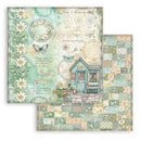 Scrapbooking paper with garden-themed design featuring a small house, flowers, and butterflies.