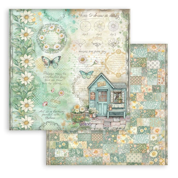 Scrapbooking paper with garden-themed design featuring a small house, flowers, and butterflies.