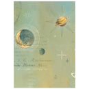 Decorative paper with space-themed design featuring planets and celestial bodies on a light green background.