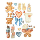 Collection of baby-themed illustrations including teddy bears, shoes, bottle, onesie, blocks, and stroller on a white background.