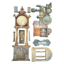 Collection of vintage-style clock and mechanical components on a white background