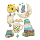 Collection of decorative items including a camera, books, a mug, and a moon on a white background