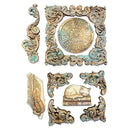 Decorative elements with intricate designs and a clock face on a white background