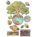 Decorative elements including a tree, planets, leaves, and motivational phrases on a white background.