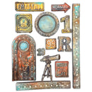 Decorative metal signs with text and symbols on a white background