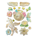 Decorative elements including a unicorn, flowers, and wings on a white background