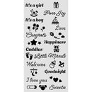 Decorative stencil with text and symbols on a white background