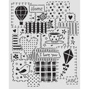 Decorative stencils with various patterns and text on a white background