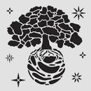 Black tree and vase design on a light gray background with star shapes.