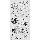 Stencil with space-themed designs including planets and stars on a white background