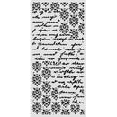 Decorative stencil with black patterns and cursive text on a white background