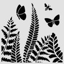 Black silhouette of fern leaves and butterflies on a white background