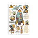 Collection of vintage-style space-themed stickers featuring rockets, robots, and scientific symbols on a white background.