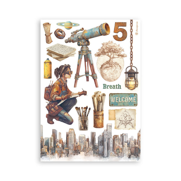 Illustrated poster with a person, telescope, cityscape, and various objects on a white background
