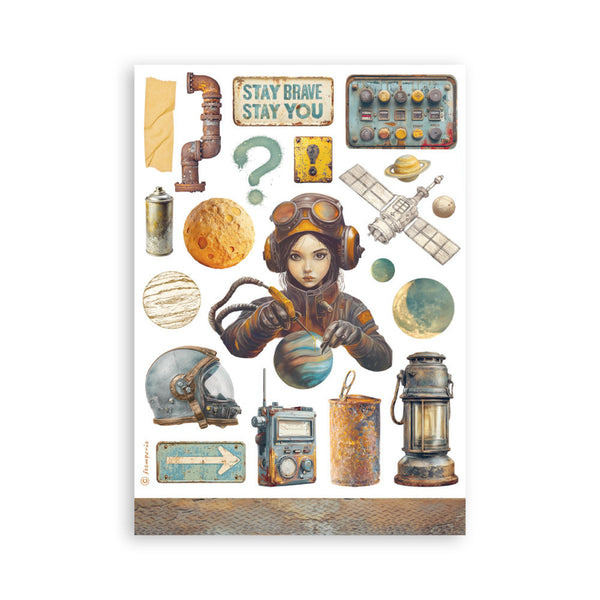 Collection of space-themed stickers with astronaut, planets, and vintage equipment on a white background.