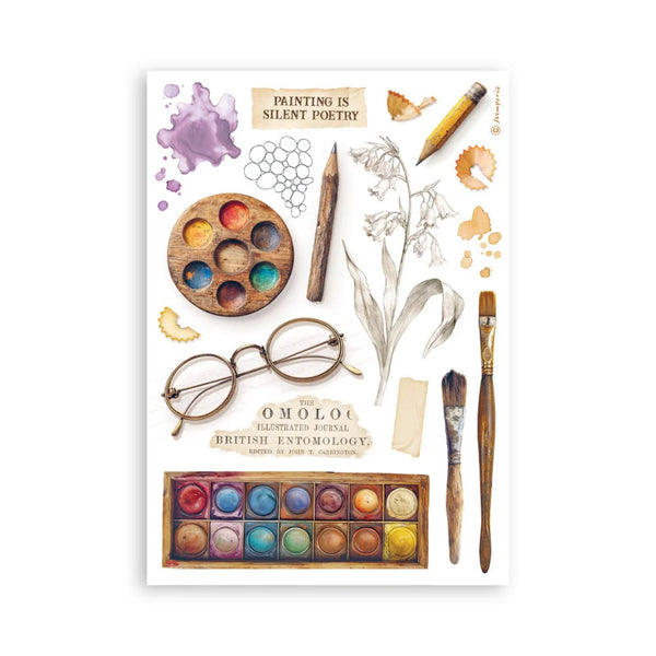 Illustrated journal cover with art supplies and text on a white background