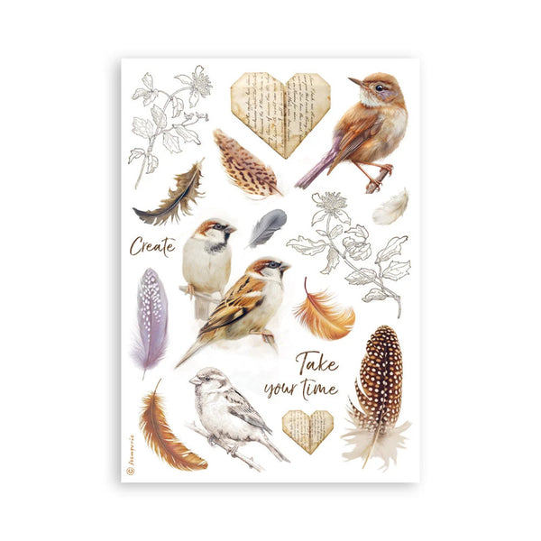 Sticker sheet with birds, feathers, and motivational phrases on a white background