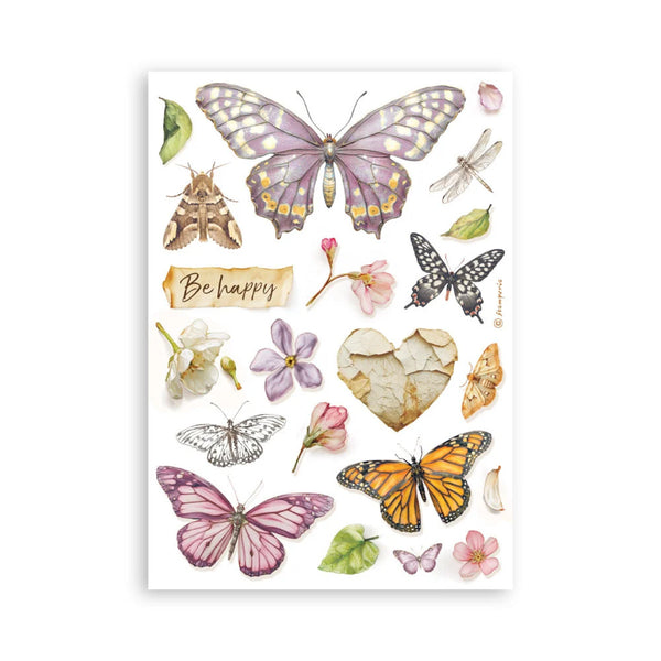 Sheet of butterfly and flower stickers with a 'Be happy' message on a white background
