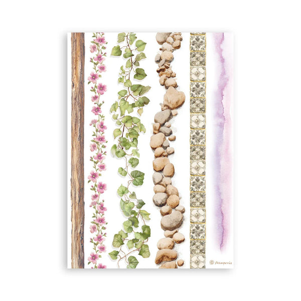Decorative paper with nature-themed designs including flowers, stones, and watercolor patterns on a white background.