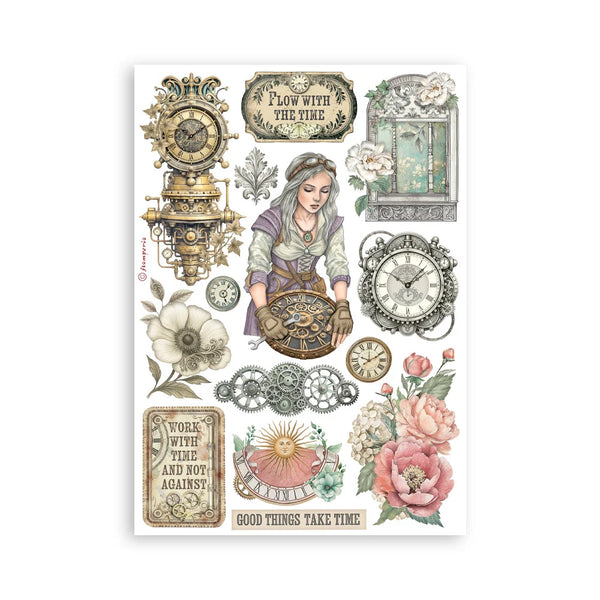 Decorative sheet with vintage-style clocks, flowers, and text on a white background