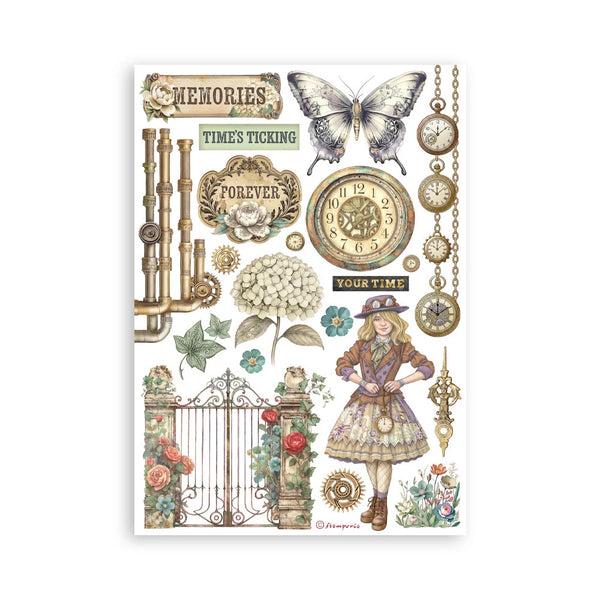 Vintage-themed decorative sheet with butterflies, clocks, and floral elements on a white background.
