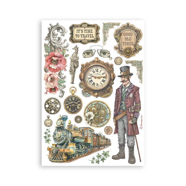 Vintage-themed decorative sheet with clock, train, and gentleman illustration on a white background