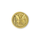 Gold-colored decorative button with a design on a white background