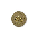 Gold circular emblem with leaf design on a white background