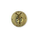 Gold decorative button with intricate design on a white background