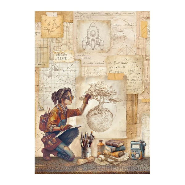 Illustration of a person in a workshop with drawings and tools on a white background
