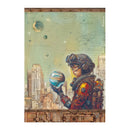 Illustration of a person in a futuristic suit holding a planet, with a cityscape and celestial elements in the background.