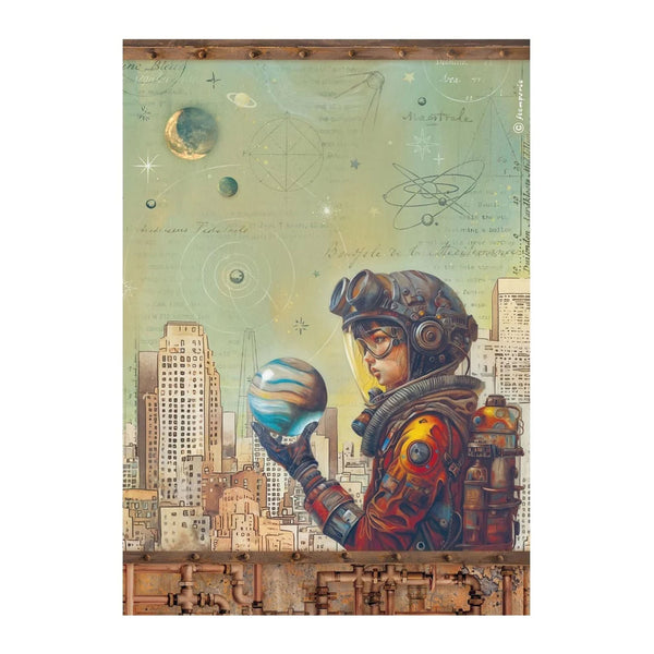 Illustration of a person in a futuristic suit holding a planet, with a cityscape and celestial elements in the background.