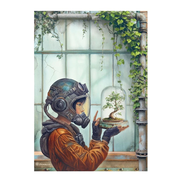 Person in a futuristic suit holding a glass dome with a bonsai tree, surrounded by greenery.