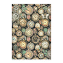 Pattern of vintage clocks and gears on a white background