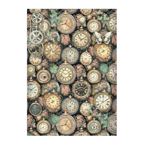 Pattern of vintage clocks and gears on a white background