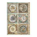 Decorative paper with vintage clock designs on a white background