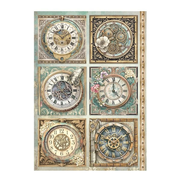Decorative paper with vintage clock designs on a white background