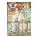 Decorative paper with butterflies, flowers, and mechanical elements on a white background