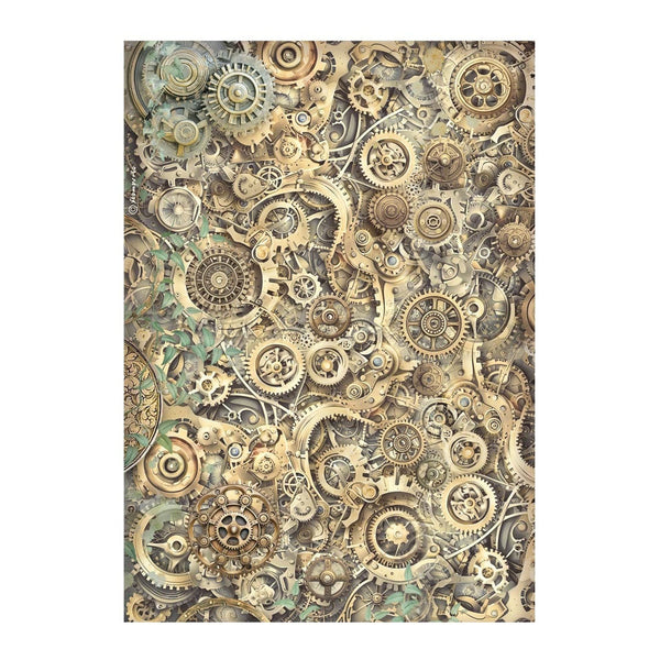 Pattern of gears and mechanical components on a white background