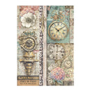 Decorative paper with vintage clock designs and floral elements on a white background