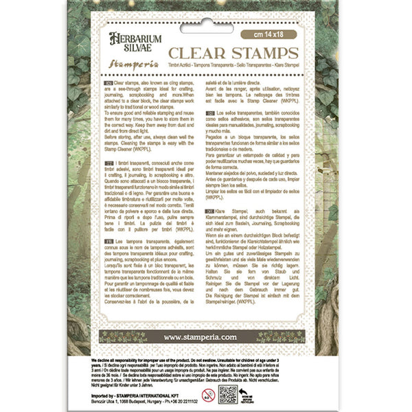 Packaging of Herbarium Silvae clear stamps with text and Stamperia branding.