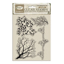 Clear stamps with leaf and branch designs on a beige cardstock packaging.