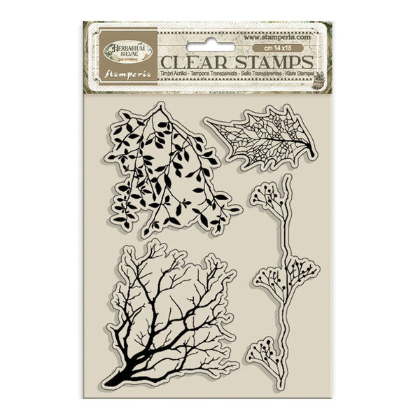 Clear stamps with leaf and branch designs on a beige cardstock packaging.