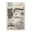Package of clear stamps with musical-themed designs on a white background