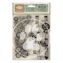 Packaged clear stamps with gears and clock design on a white background