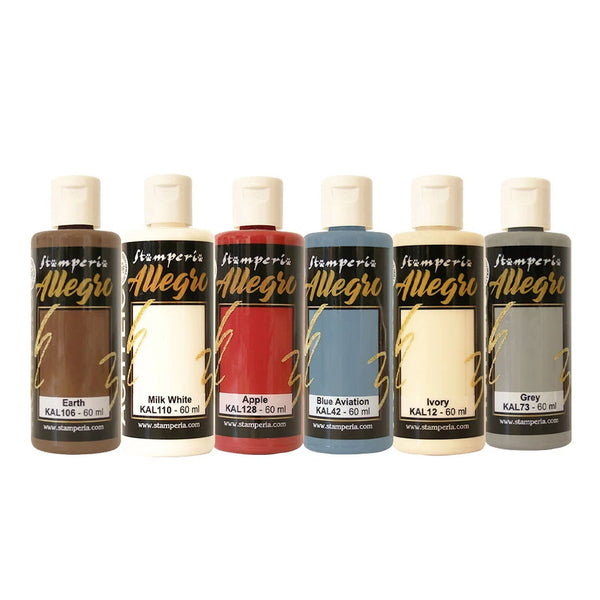 Set of Stamperia Allegro paint bottles in various colors on a white background