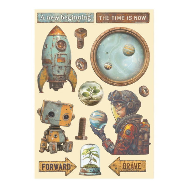 Decorative sheet with space-themed stickers featuring a robot, rocket, and motivational phrases on a beige background.