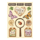 Decorative paper with nature-themed elements including butterflies, a ladybug, shells, and text on a beige background.