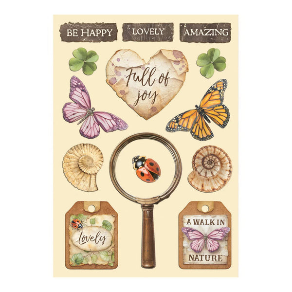 Decorative paper with nature-themed elements including butterflies, a ladybug, shells, and text on a beige background.
