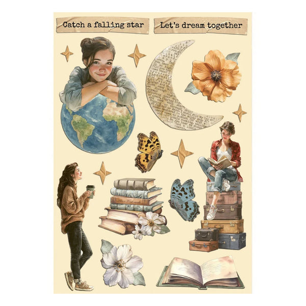 Illustrated stickers with people, books, flowers, and motivational phrases on a beige background